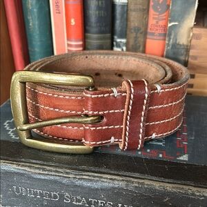 Brown Leather Belt with Antique Gold Hardware and Contrast White Stitching